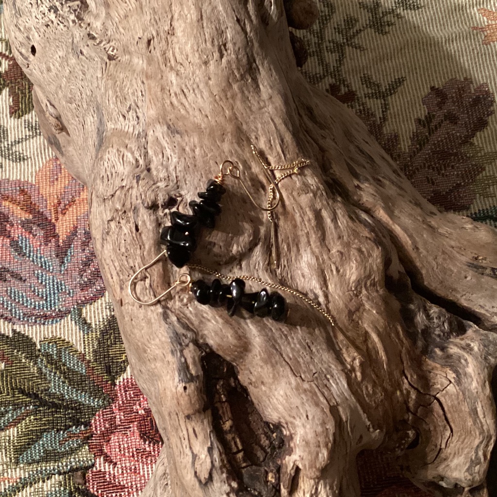 Gold Plated Obsidian Chip Threader Earrings 25$